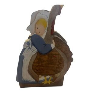 VTG‎ Hand Painted Napkin Holder Pilgrim Saving The Thanksgiving Turkey